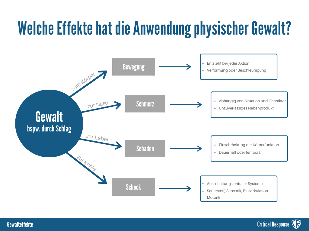 Schematische Darstellung der potenziellen Effekte von Gewaltanwendung an einem menschlichen Körper.