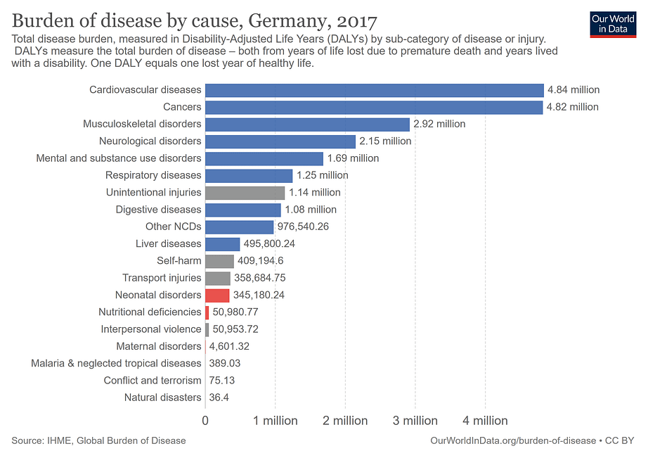 Statistik über die Folgeschäden von Krankheiten und Unfällen in Deutschland 2017 aus dem Projekt "Our World in Data" der Universität Oxford